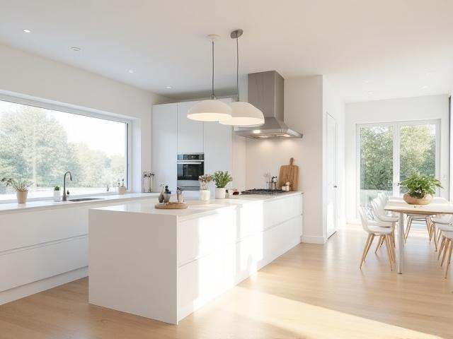 Modernt öppet kök med rostfria ytor, ljus inredning och trädetaljer