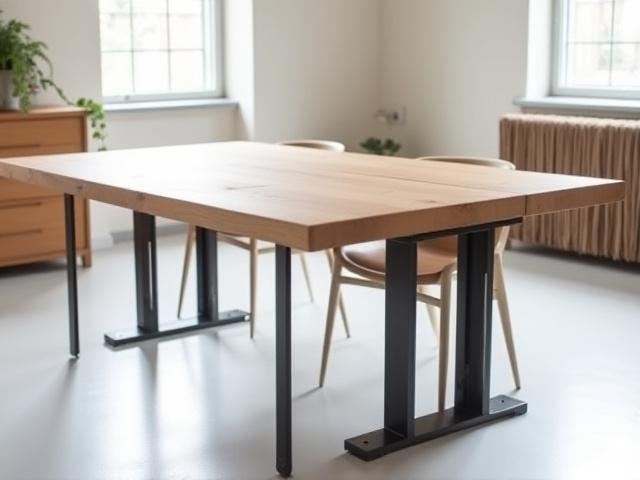 Ett modernt matbord med stålstomme och träskiva